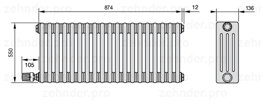 Схема (чертеж) Радиатор Zehnder Charleston 4055/19 №V003 Белый глянцевый RAL 9016